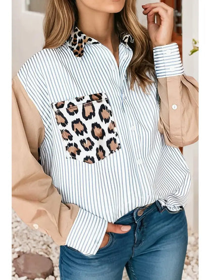 Leopard Patchwork Chest Pocket Buttoned Sleeve Shirt