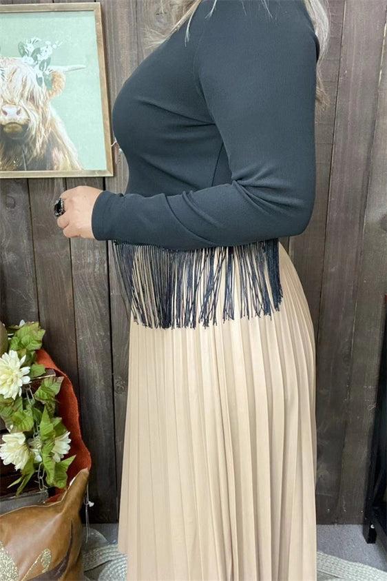 Western Black Crop Long Sleeve Fringe Top