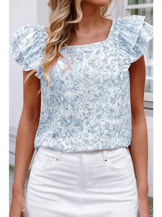 Blue Floral Ruffled Short Sleeve Square Neck Bow Back Blouse