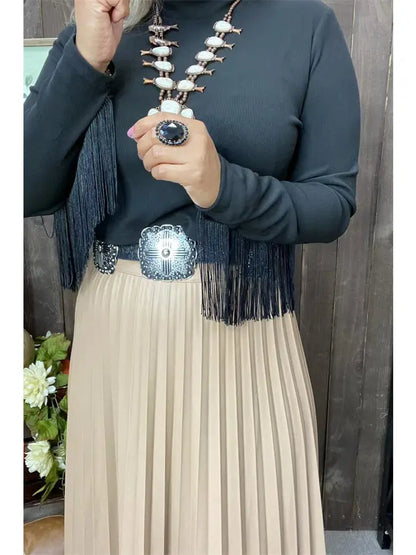 Western Black Crop Long Sleeve Fringe Top