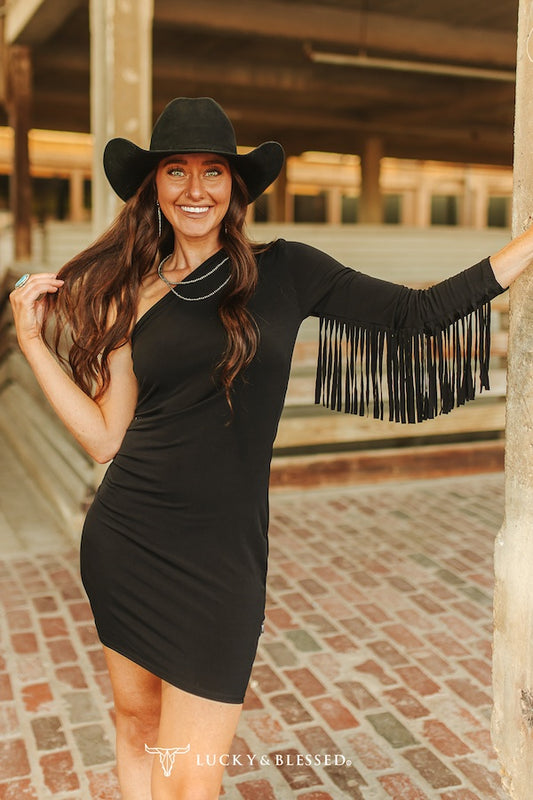 Black One Shoulder Long Fringe Sleeve Mid-Thigh Dress