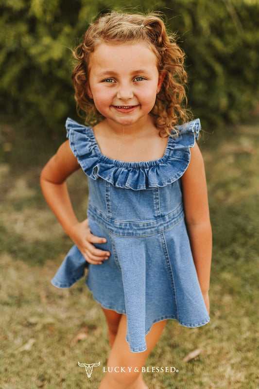 Girls' Mid Wash Stretch Denim Off Shoulder Ruffle Dress
