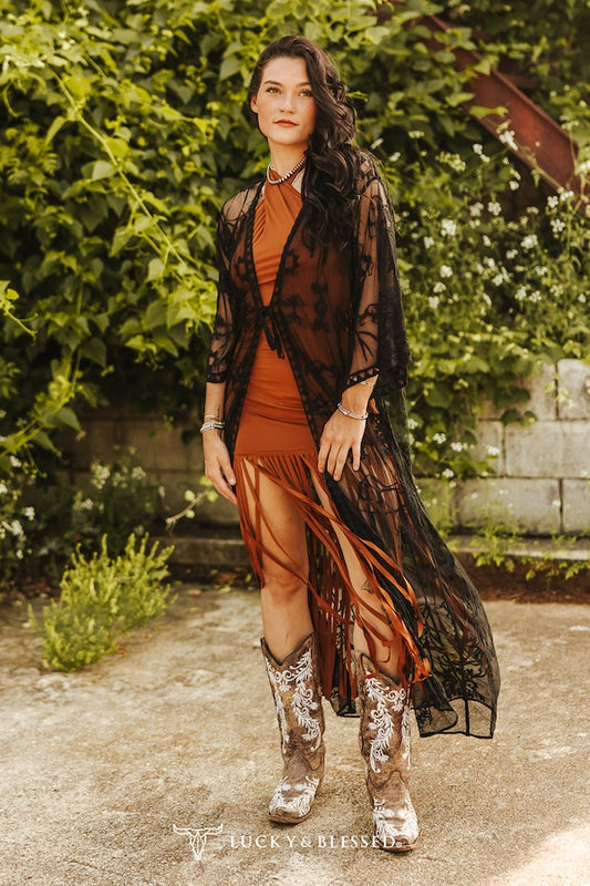 Black Western Embroidered Mesh Lace Duster