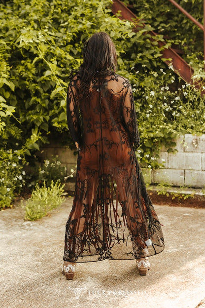 Black Western Embroidered Mesh Lace Duster