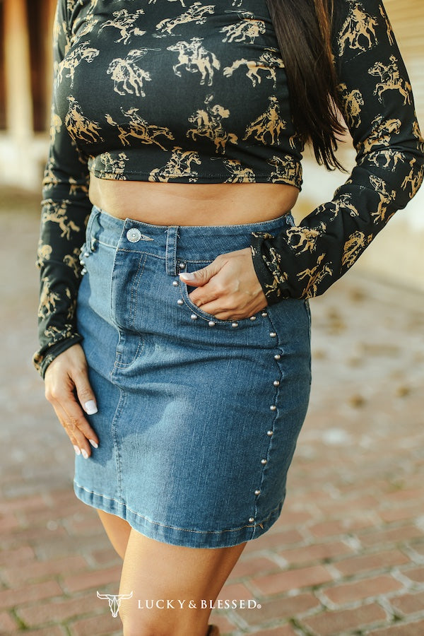 Mid Wash Stretch Denim Studded Skirt