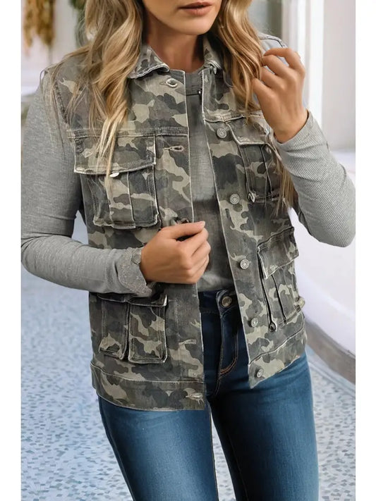 Camo Print Button Down Denim Vest