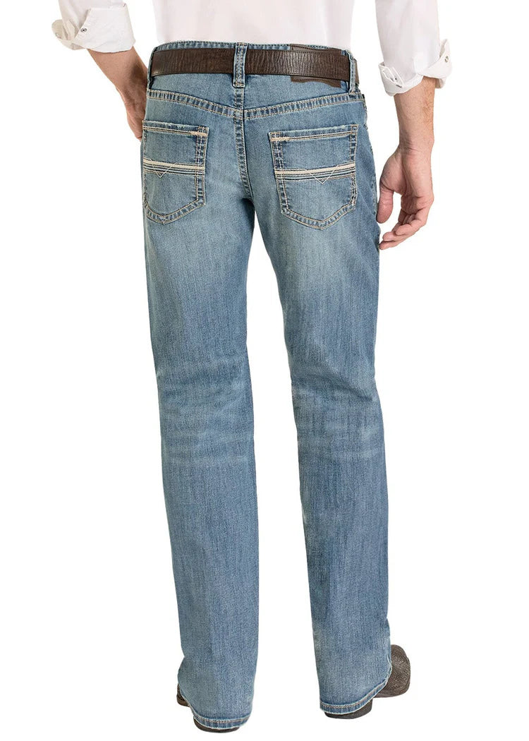 Rock & Roll Denim Relaxed Fit Embroidered Ladder Stitch Pocket Straight Leg Jeans