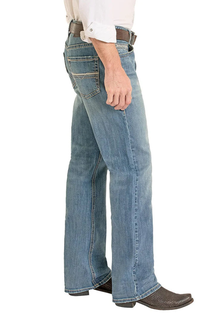 Rock & Roll Denim Relaxed Fit Embroidered Ladder Stitch Pocket Straight Leg Jeans