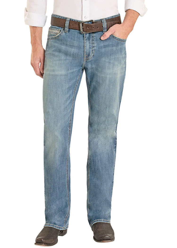Rock & Roll Denim Relaxed Fit Embroidered Ladder Stitch Pocket Straight Leg Jeans