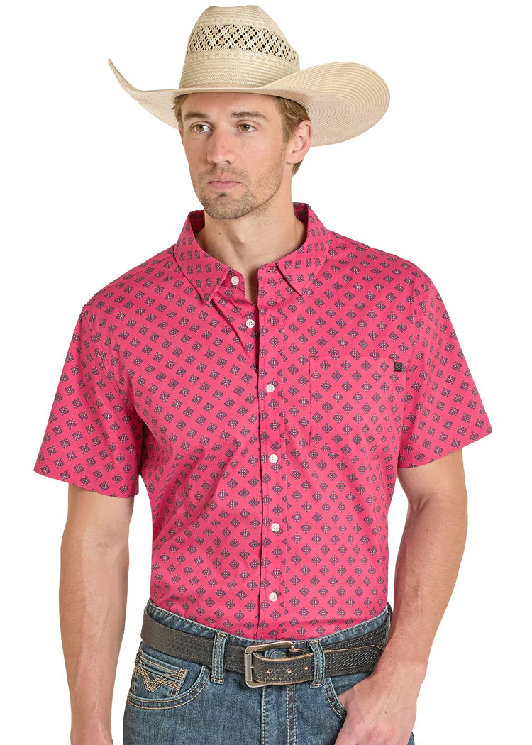 Rock & Roll Denim Pink TEK Western Pink Aztec Print Short Sleeve Shirt