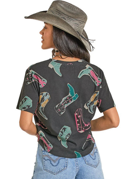 Rock & Roll Denim Women's Boot Print Crop Graphic Tee