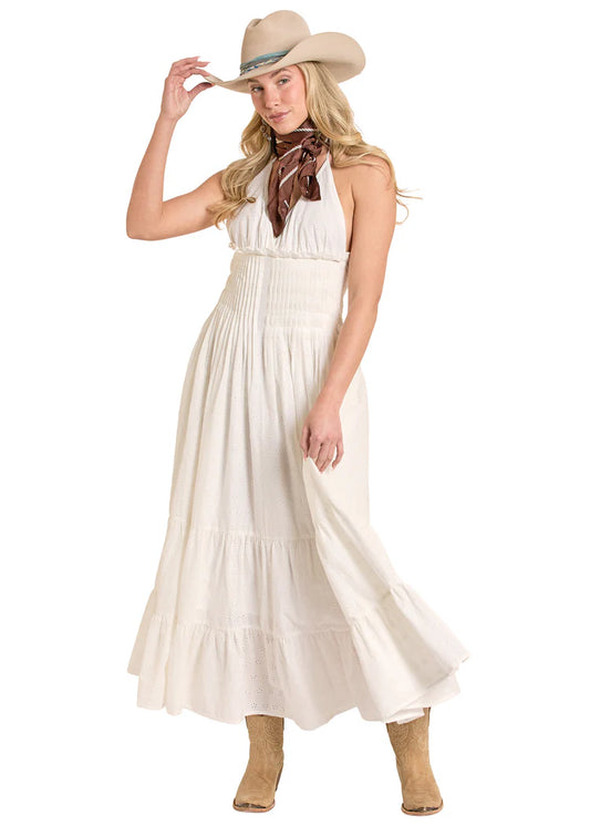 Rock & Roll White Eyelet Halter Maxi Dress