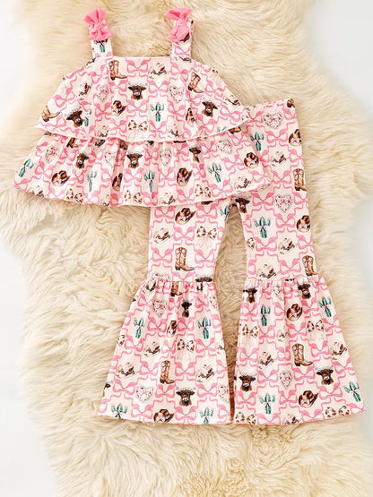 Highland Cow & Western Boots Printed Tunic & Bell Bottoms