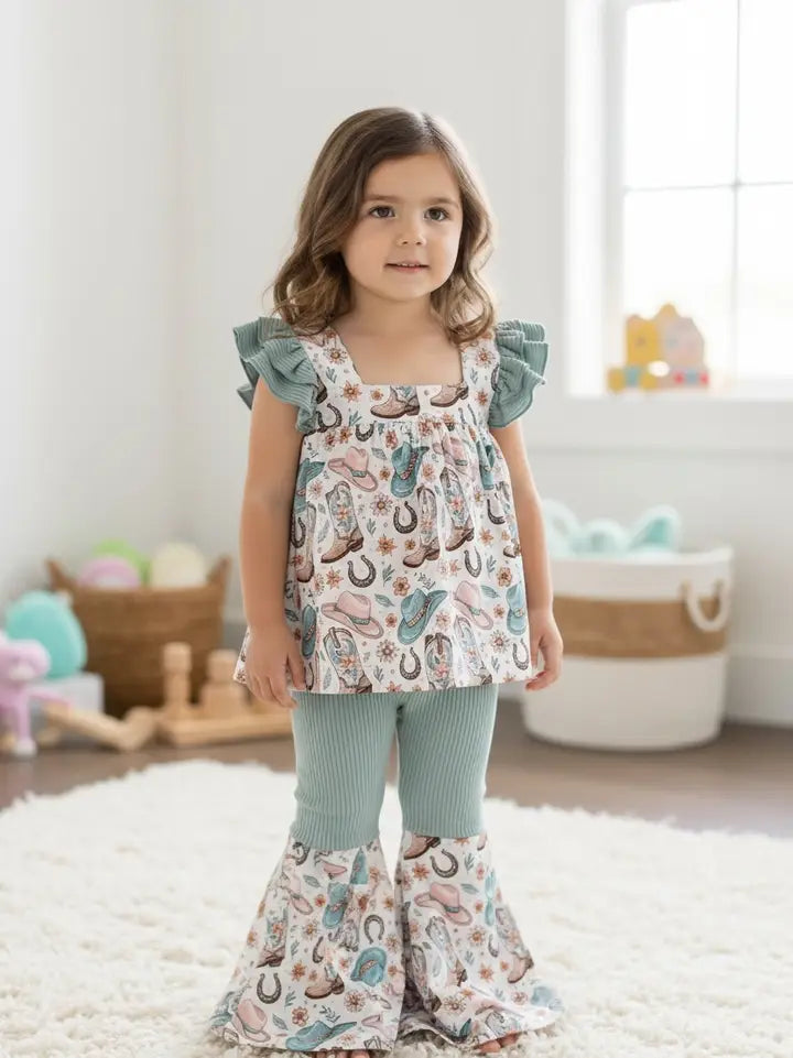 Western Printed On Dusty Green 2 Piece Set