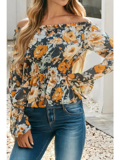 Floral Off Shoulder Bell Sleeve Smocked Peplum Top