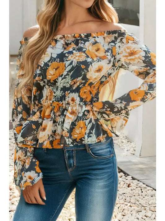Floral Off Shoulder Bell Sleeve Smocked Peplum Top
