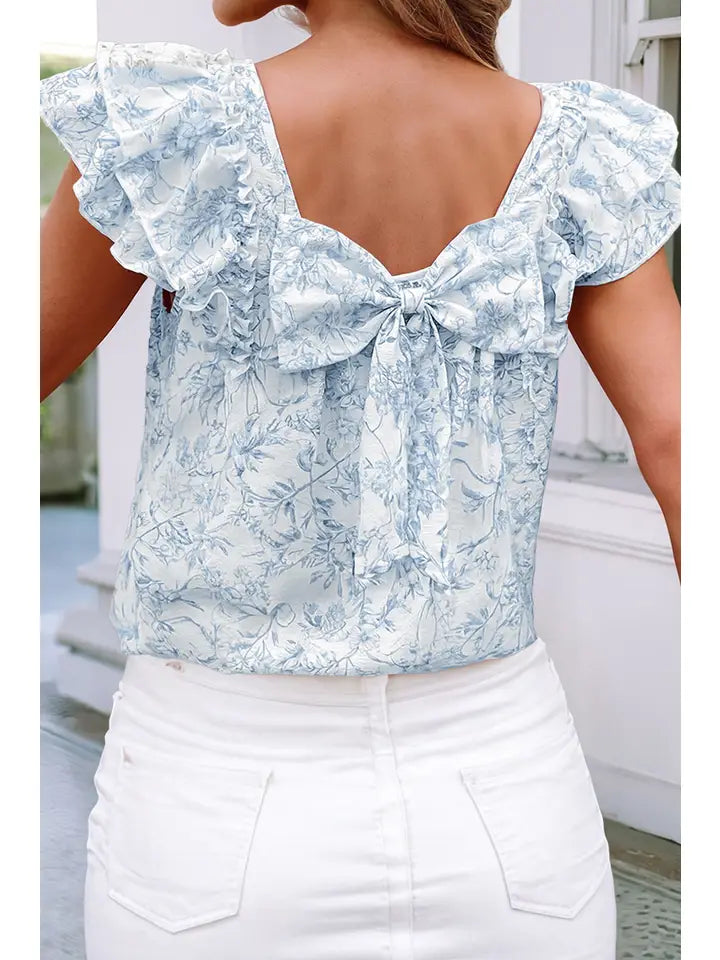 Blue Floral Ruffled Short Sleeve Square Neck Bow Back Blouse