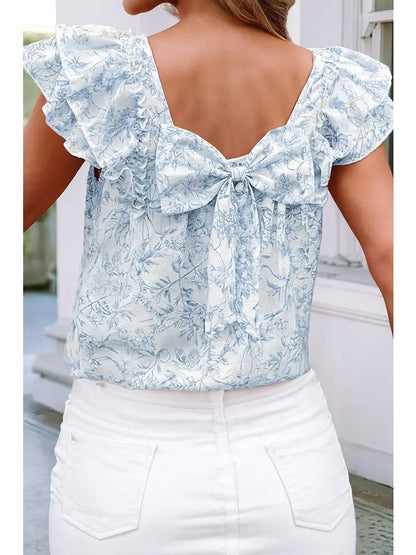 Blue Floral Ruffled Short Sleeve Square Neck Bow Back Blouse