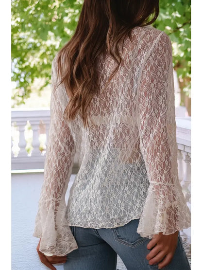 Sheer Lace Bell Sleeve Mock Neck Blouse