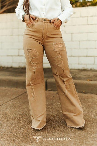 Camel Wash High Rise Distressed Wide Leg Jeans