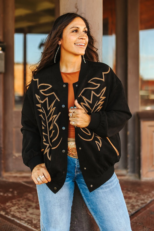 Black Suede Boot Stitching Embroidery Detail Bomber Jacket