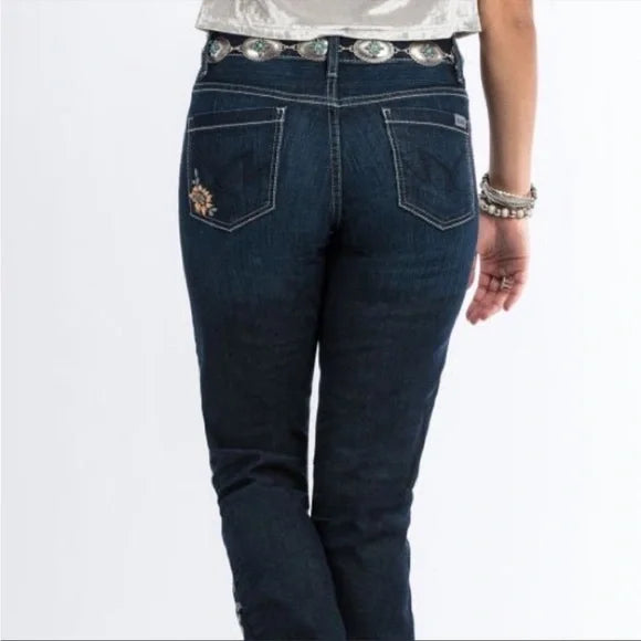 CRUEL HANNAH DARK WASH MODERATE RISE SLIM FLORAL EMBROIDERED FLARE