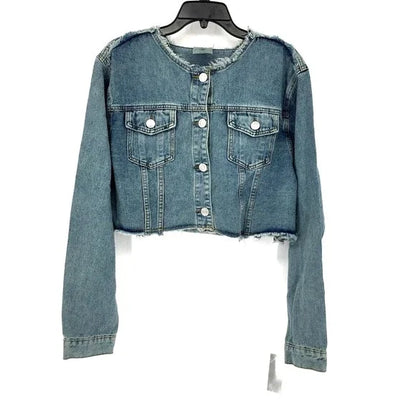 VOCAL RAW EDGE CUT NECK DENIM CROP JACKET WITH STONE FRINGES