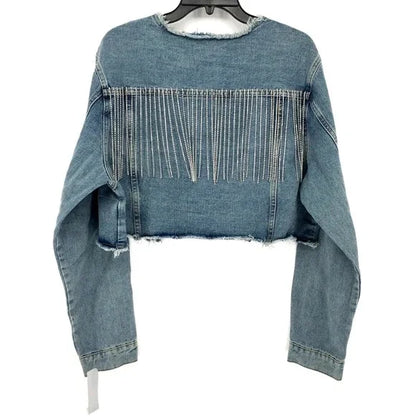 VOCAL RAW EDGE CUT NECK DENIM CROP JACKET WITH STONE FRINGES