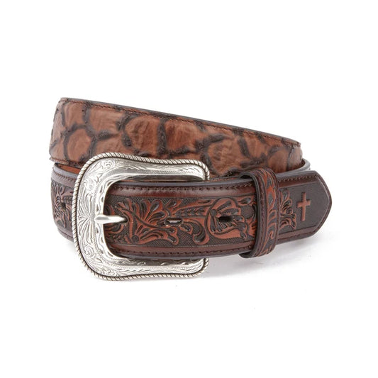 Mustang Ridge Fish Print Floral Tooled Leather Belt