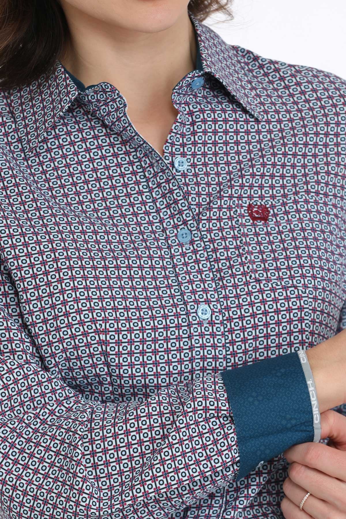 Cinch Blue Geometric Print Buton-Down Western Shirt