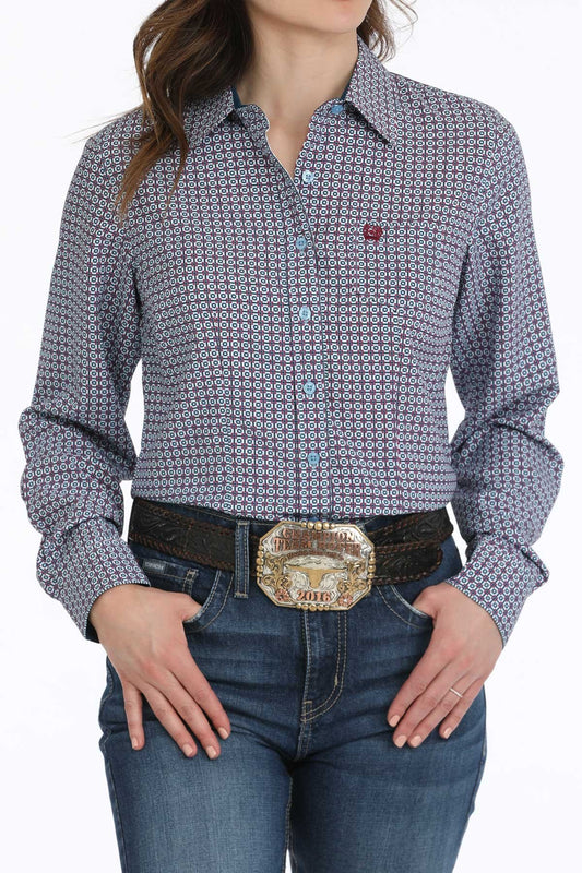Cinch Blue Geometric Print Buton-Down Western Shirt