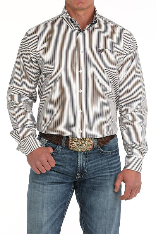 Cinch White/Purple Striped Button-Down Tencel Long Sleeve Shirt
