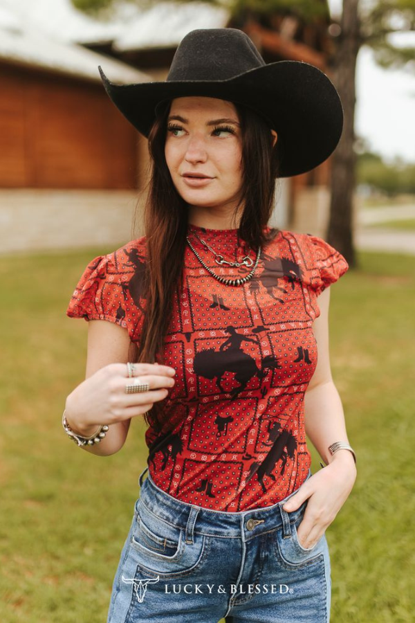 Red Kicking Bronco Saddle Printed Puff Short Sleeve Mesh Top