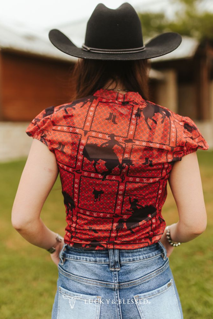 Red Kicking Bronco Saddle Printed Puff Short Sleeve Mesh Top