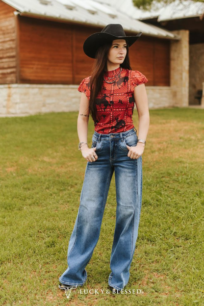 Red Kicking Bronco Saddle Printed Puff Short Sleeve Mesh Top