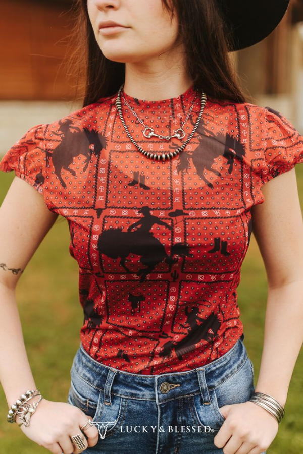 Red Kicking Bronco Saddle Printed Puff Short Sleeve Mesh Top