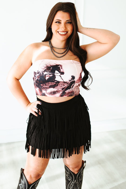 Black Suede Stretch Fringe Tier Skirt