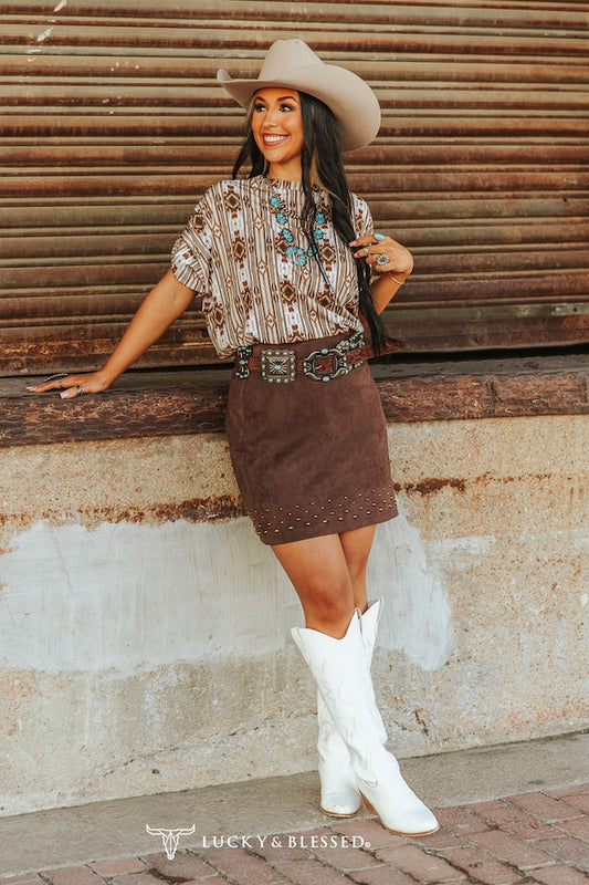 Brown Suede Stretch High Waisted Studded Skirt