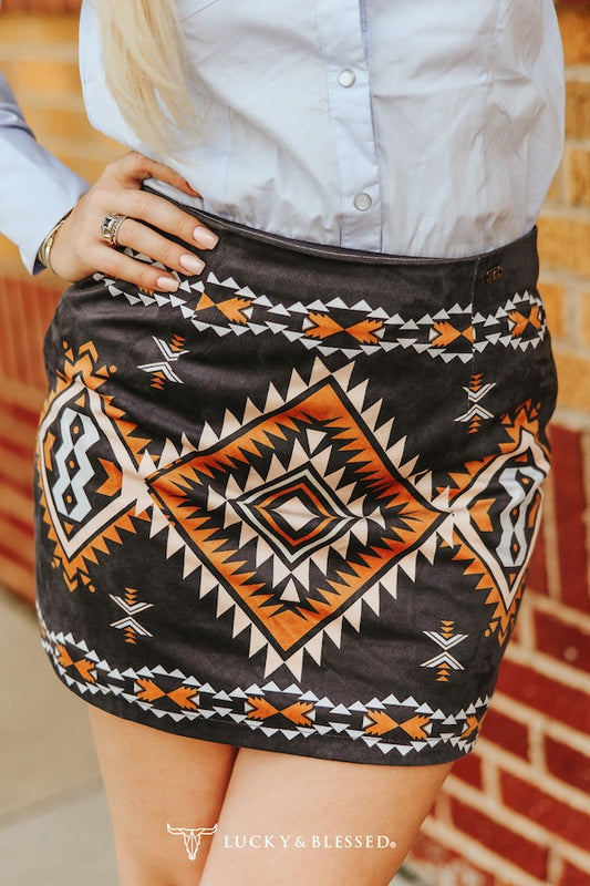 Aztec Printed Stretch Suede Skirt