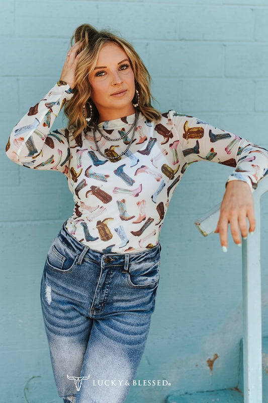 Contrast Boots Printed Long Sleeve Mesh Top