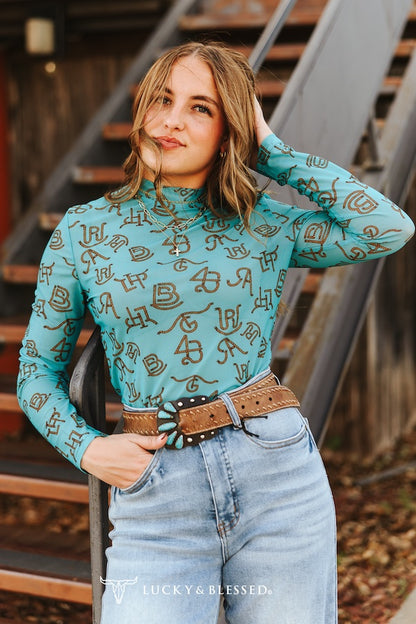 Turquoise Cattle Brand Printed Long Sleeve Mesh Tops