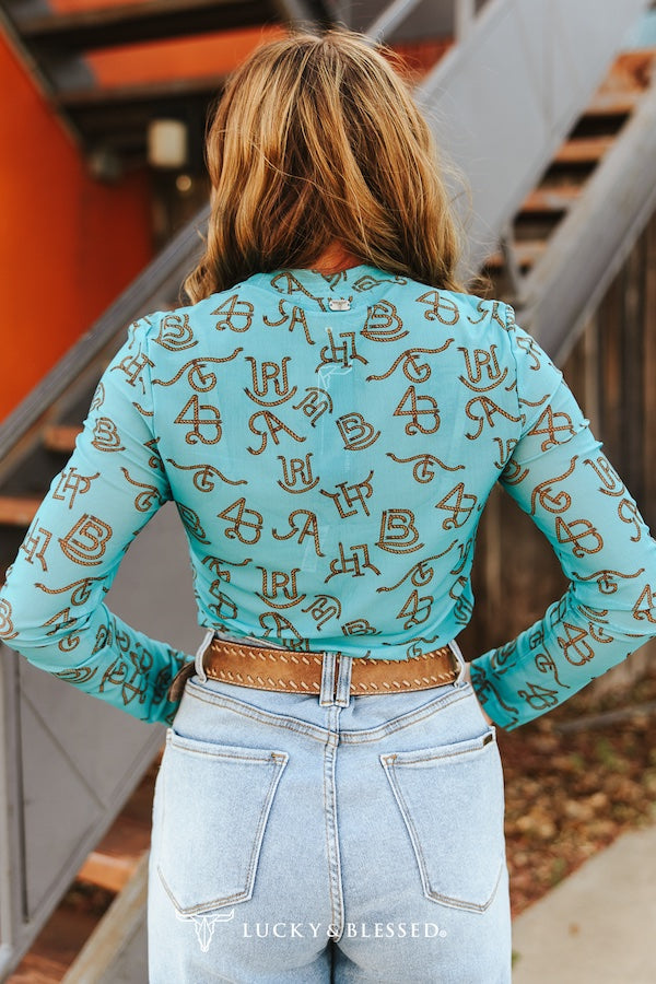 Turquoise Cattle Brand Printed Long Sleeve Mesh Tops