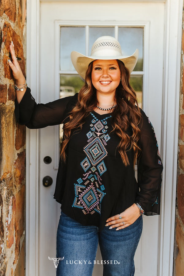 Black Chiffon Aztec Embroidered V Neck Long Sleeve Blouse