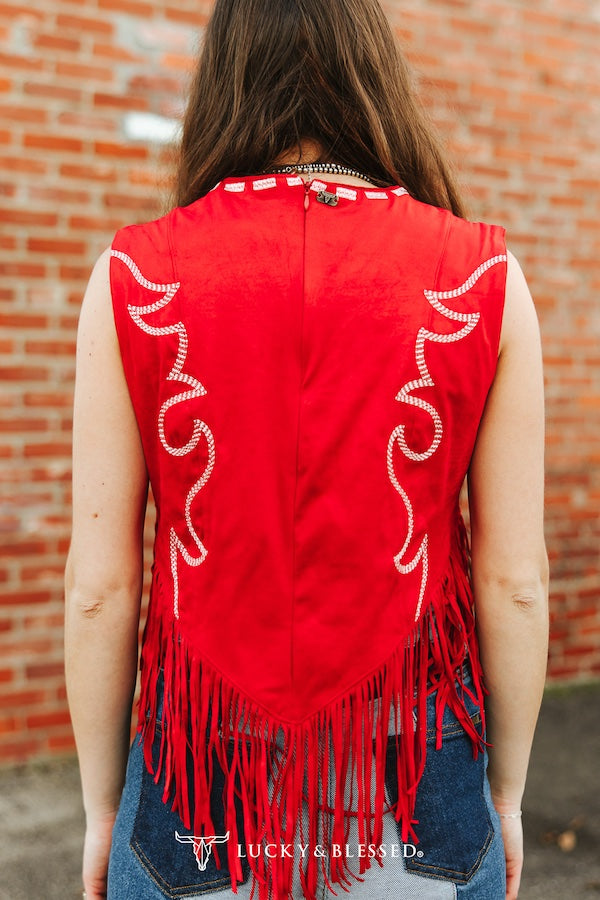 Red Suede Boot-stitch Fringe Hem Embroidered Tank