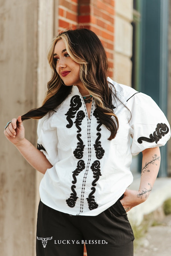 White Western Embroidered Detail Blouse