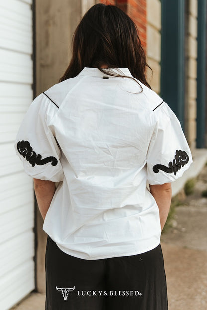 White Western Embroidered Detail Blouse