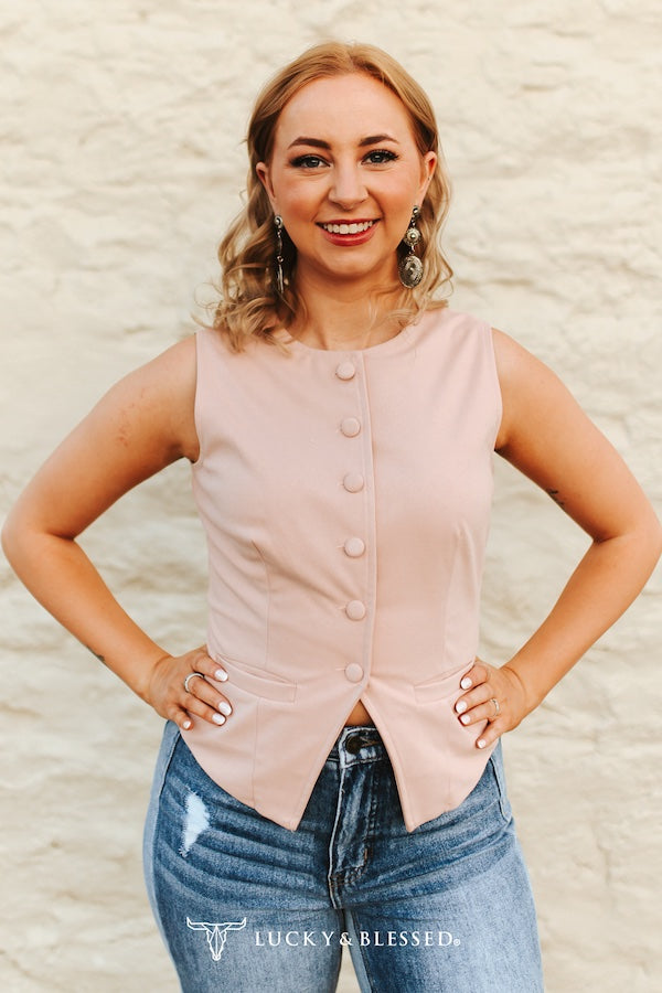 Pink Stretch Suede Button Down Western Pocket Vest