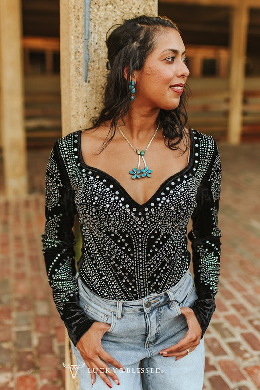 Black Rhinestone Velvet Long Sleeve Bodysuit