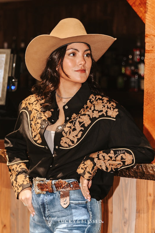 Black Button Down Western Camel Embroidered Yoke Sleeve Cuff Top