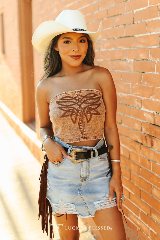 Camel Wash Brown Boot Stitching Embroidered Corset Top